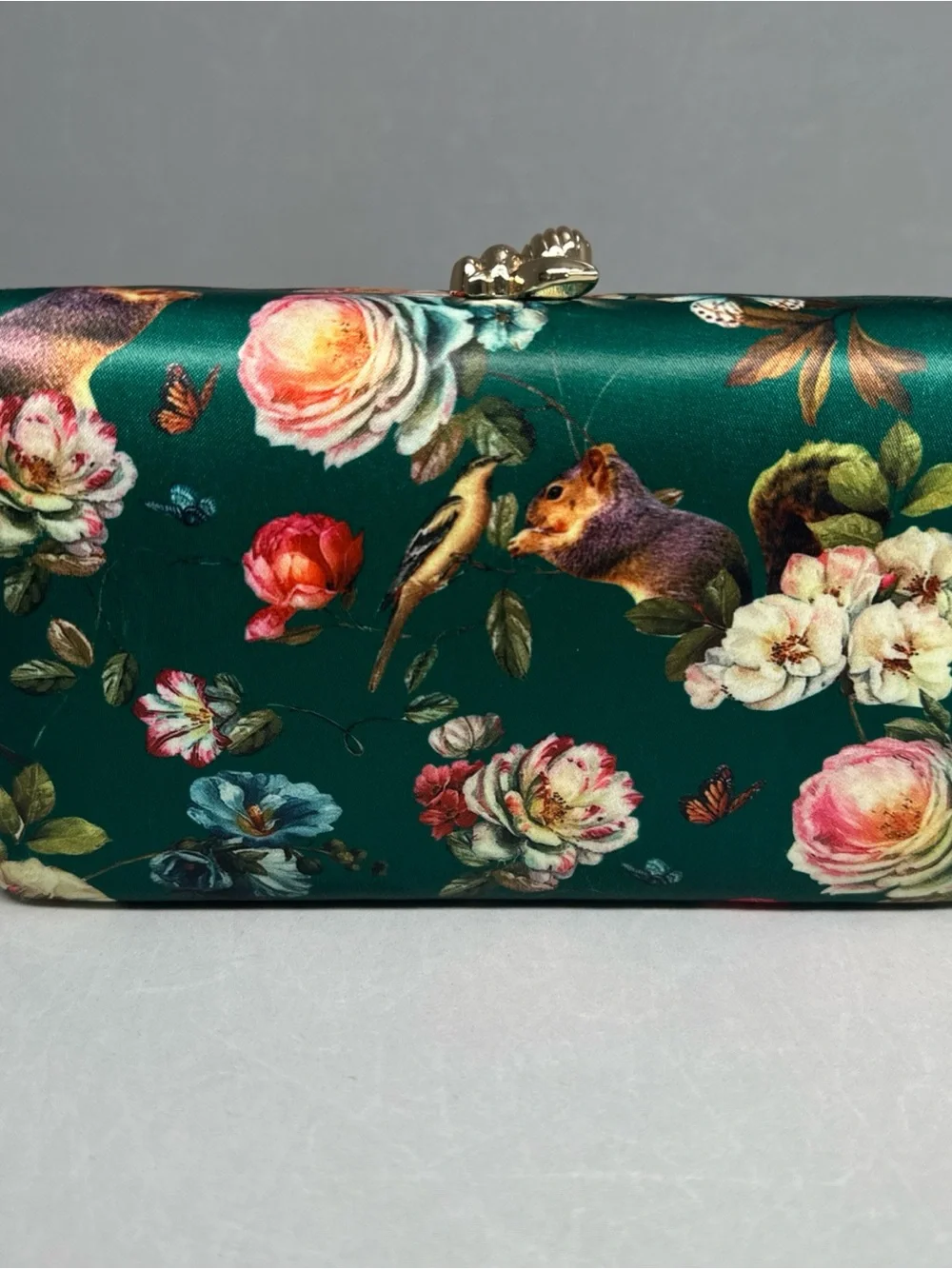 Emerald Green Floral Satin Clutch with Gold Accent